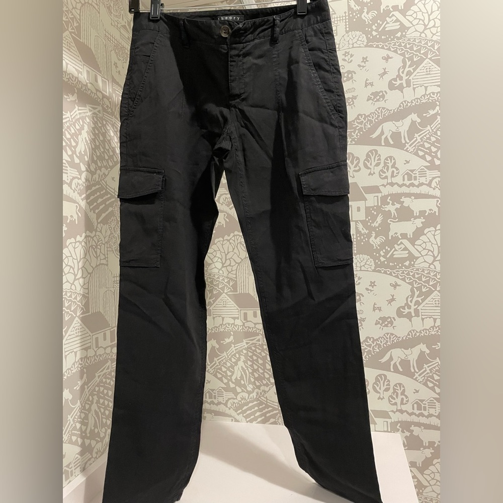 Theory black linen cargo pants